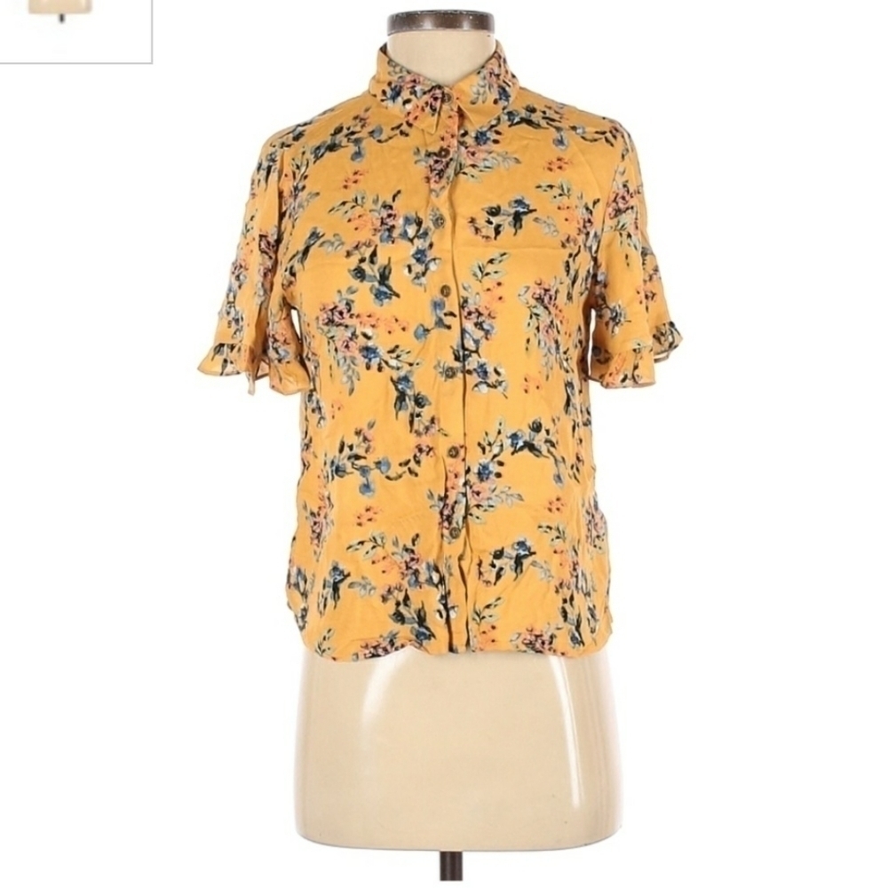 Rewind Collared Button Shirt Mustard Yellow Floral Short Sleeve Shirt Small S